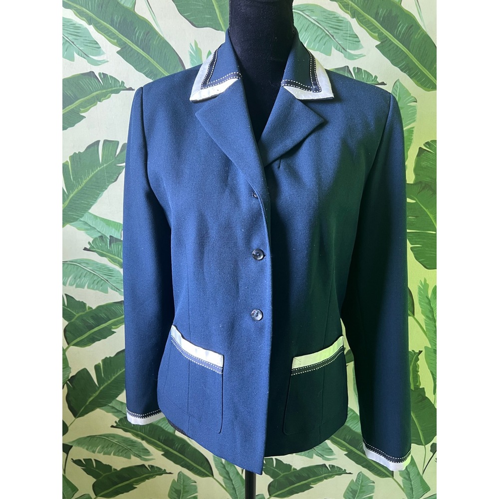 Adolfo Studio Blazer Women 8 Navy Blue White Preppy Old Money Grannycore